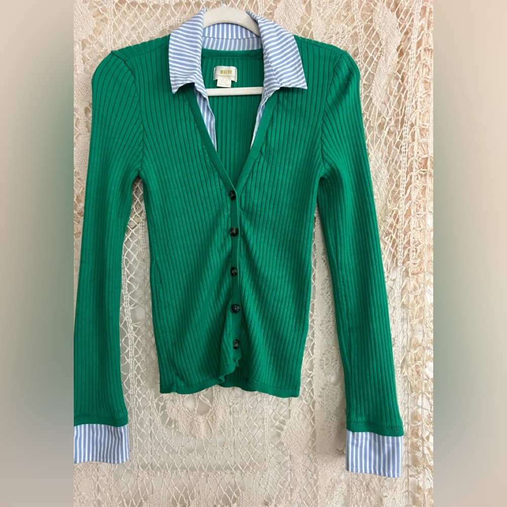 Anthropologie Maeve Kelly Green Ribbed Layered Look w Xtra Long Sleeves
